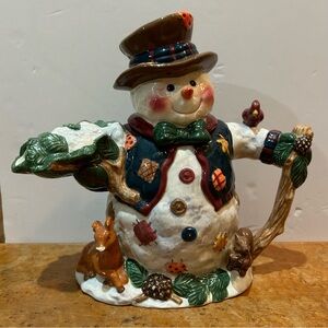 Christmas Winter Snowman tea Pot Scarecrow Patches Hand Painted Herman Dodge USA